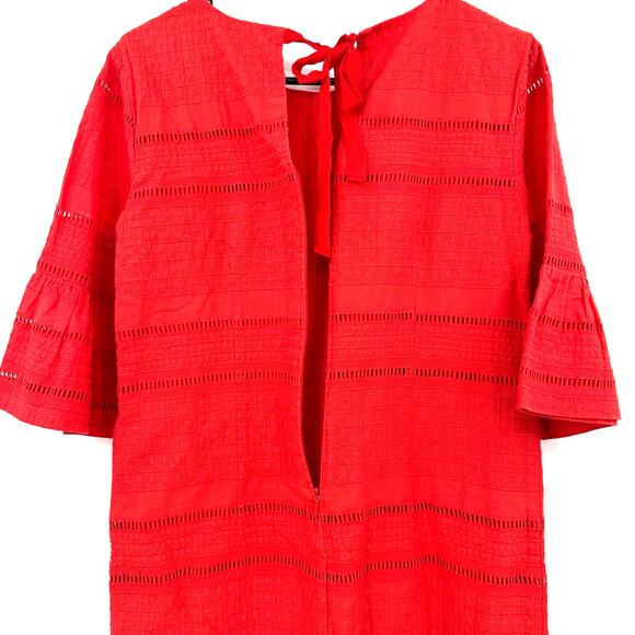 J Crew Size 0 Tunic Red Stripe Bell Ruffle Sleeve Open Keyhole Tie Back Workwear - Picture 3 of 7